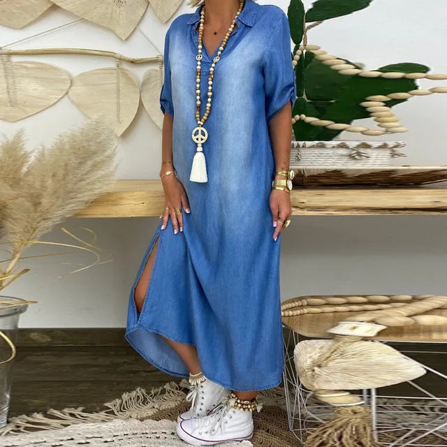 Lea | Abito lungo effetto denim con spacco laterale