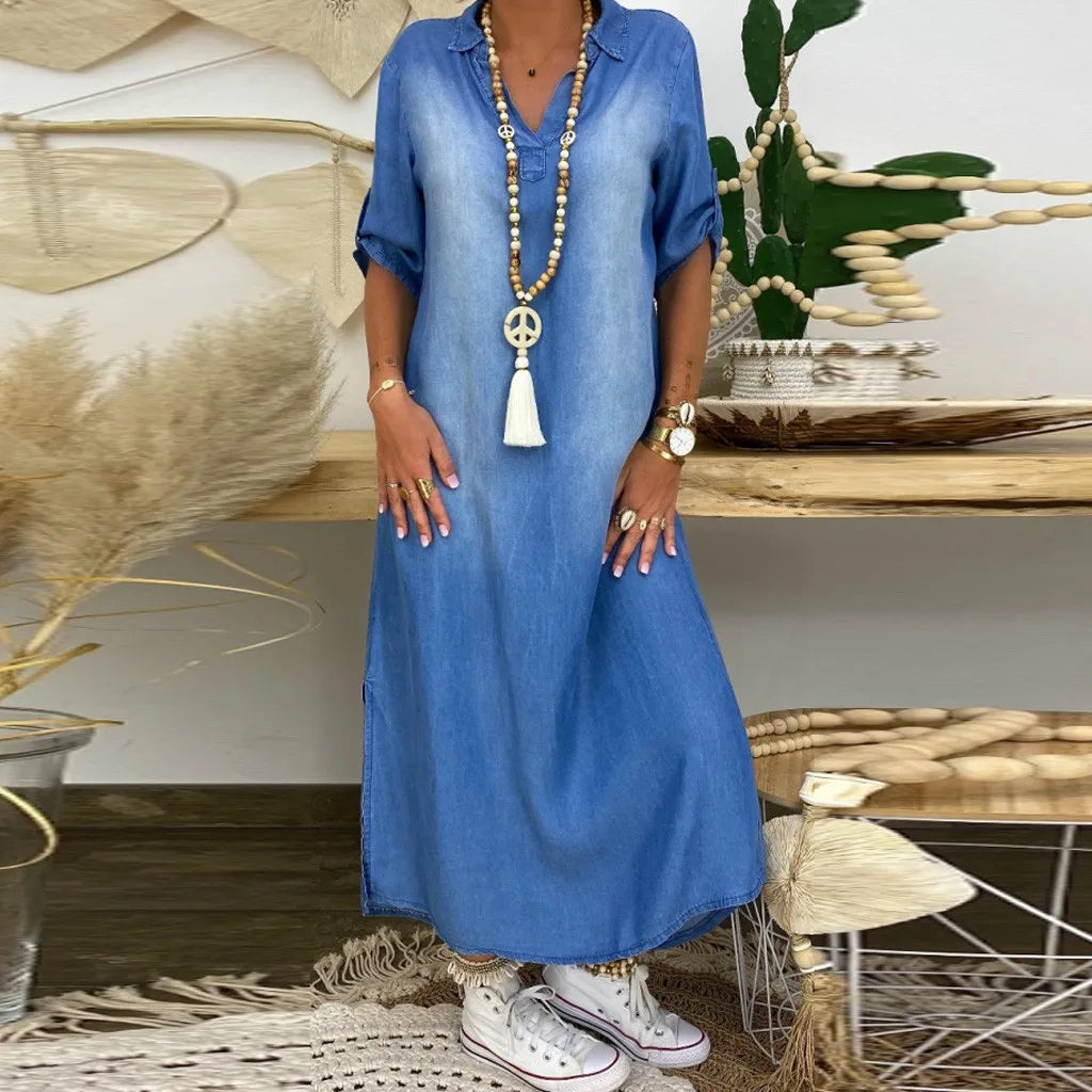 Lea | Abito lungo effetto denim con spacco laterale