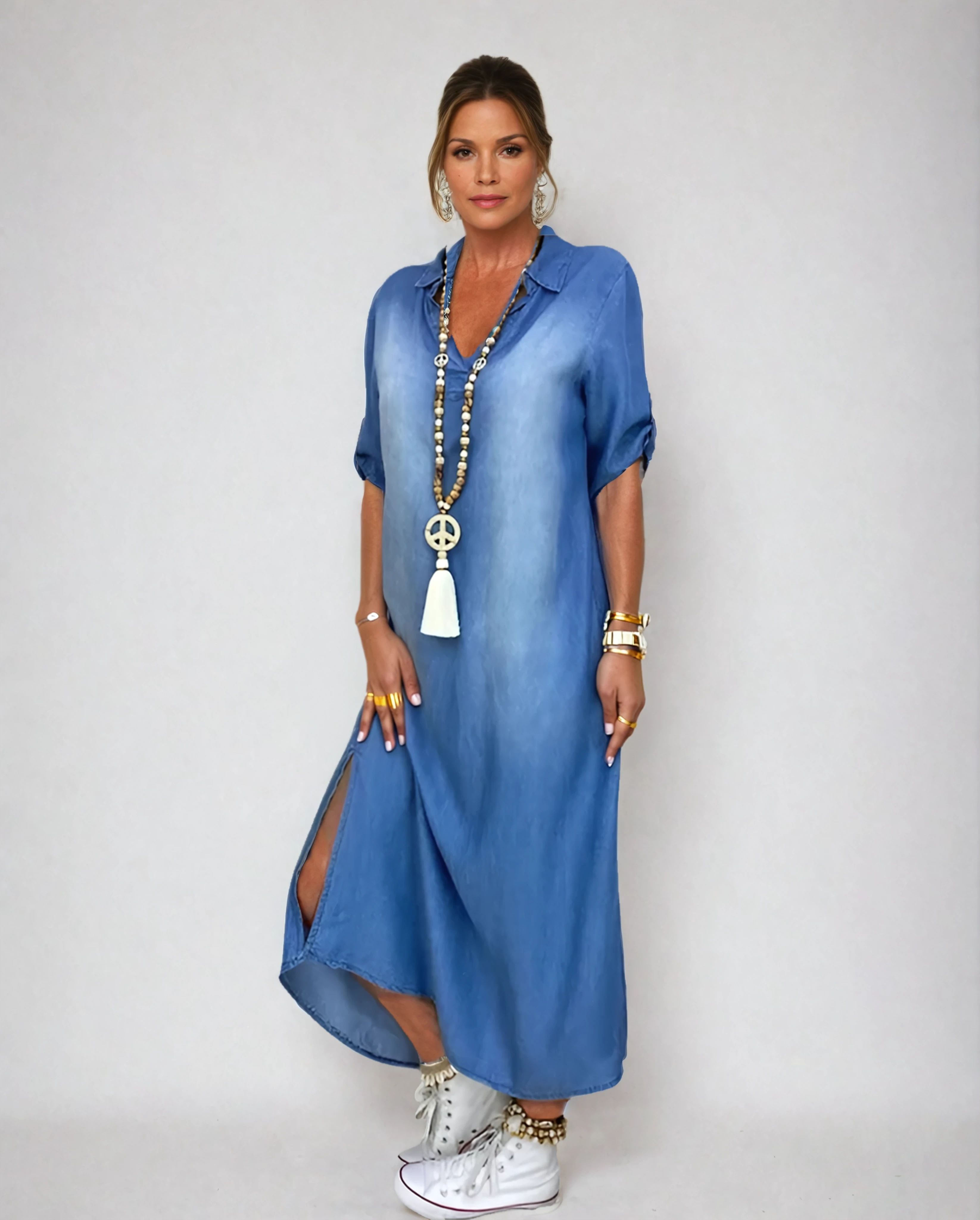 Lea | Abito lungo effetto denim con spacco laterale